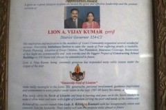 Lion A. Vijay Kumar: Lions Club Appreciation Award for Outstanding Leadership.