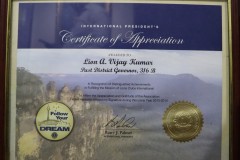 Lions Club International Honors Dr. A. Vijay Kumar with International President's Certificate of Appreciation in 2014.